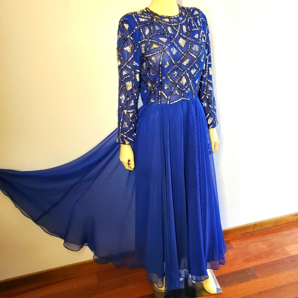 Vintage 70s Jack Bryan Cobalt Blue Sequin Party Dress